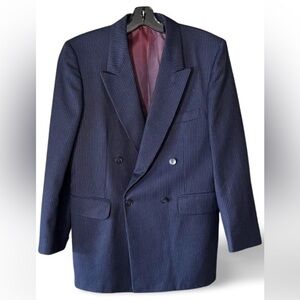 Vintage Wool Navy blue Oversized Pinstripe Double-Breasted Power Blazer Large